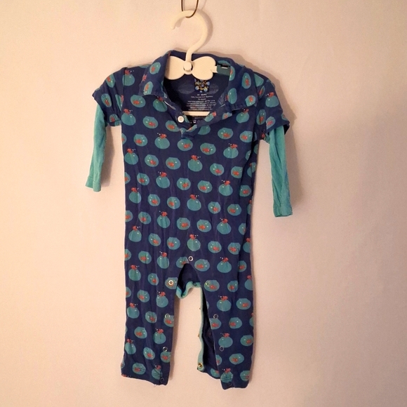 KicKee Pants 9-12 onesie baby boy softest used condition blue green with… - Picture 1 of 7